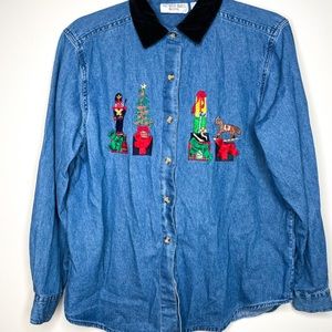 Christmas denim button up ugly sweater party VTG